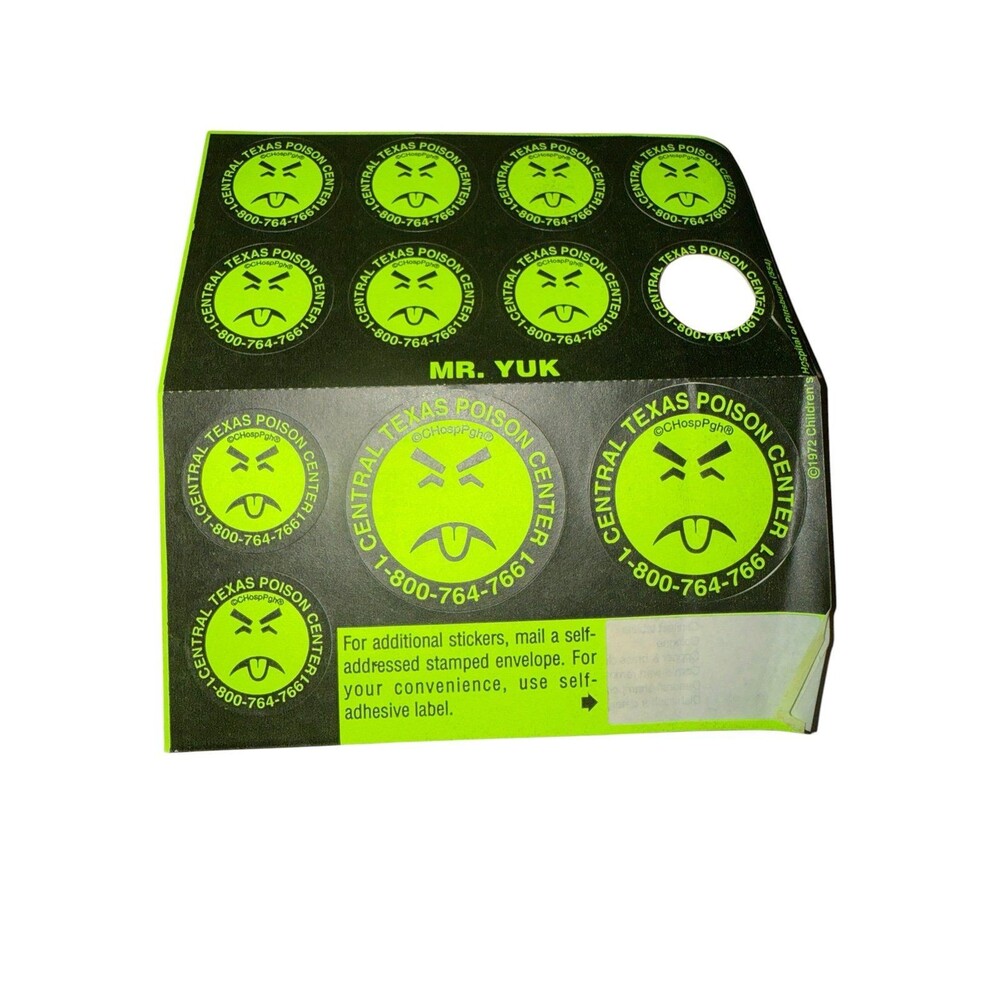 Vintage Mr. Yuk Poison Warning Sticker Sheet Texas Poison Center 1972 Safety Dec